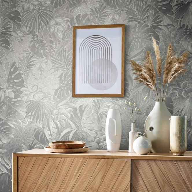 Vliestapete mit glänzenden Blättern metallisch silber Floral