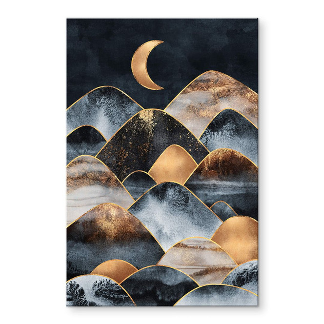 Acrylglasbild Fredriksson - Berge im goldenen Mondlicht