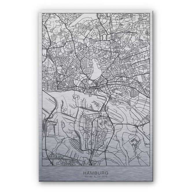 Alu-Dibond Bild mit Silbereffekt Stadtplan Hamburg