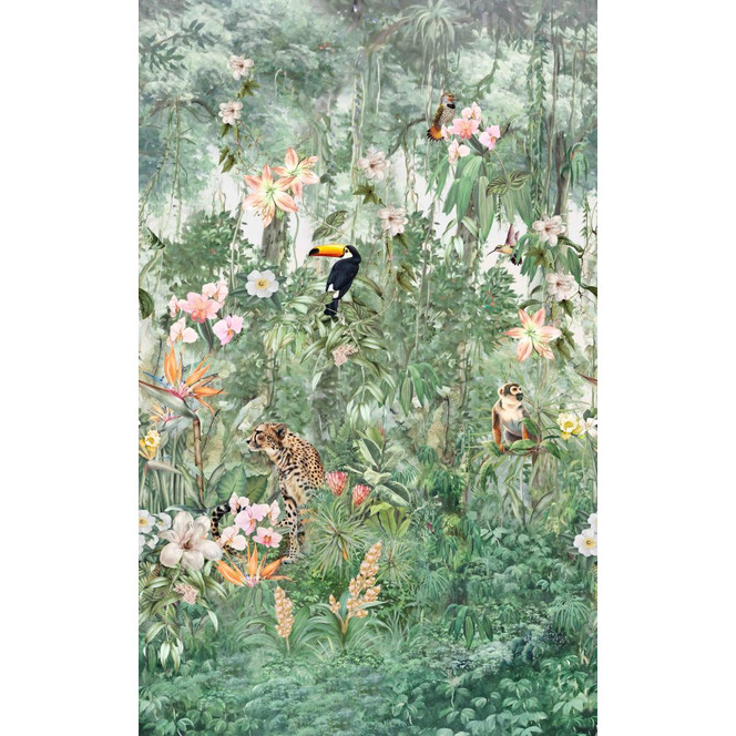 Fototapete Wandtapete mit Motiv Dschungeltraum mit Tukan, Leopard und tropischen Blüten 3.4 x 2.12 m