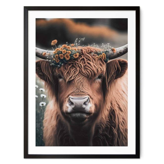 Poster Treechild - Hochlandkuh mit Blütenkranz