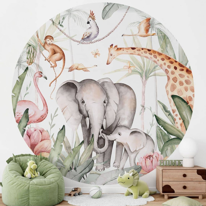 Fototapete Afrikanische Tiere im Regenwald - Dschungeltapete - Kvilis - Rund - Selbstklebend/Vlies
