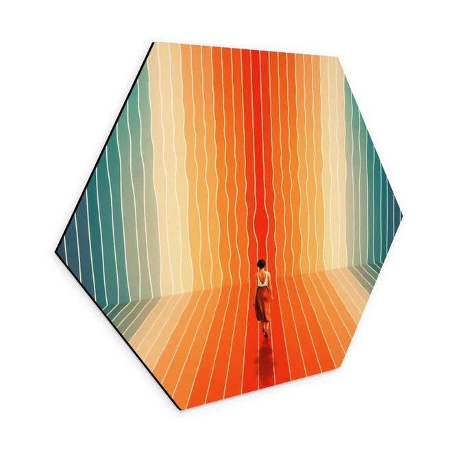 Hexagon Wandbild Frau vor der Regenbogen-Kulisse - Taudalpoi - Alu-Dibond