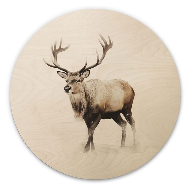 Holzbild Hirsch im weissen Winter - Magnusson - Rund