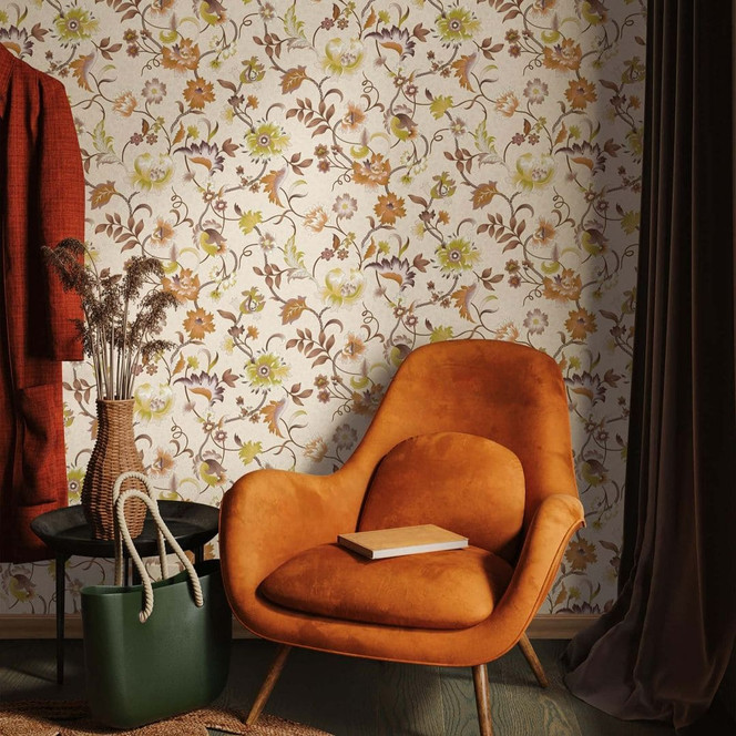 Vliestapete Blumen, Blätter Floral Natur in Rosa-Braun