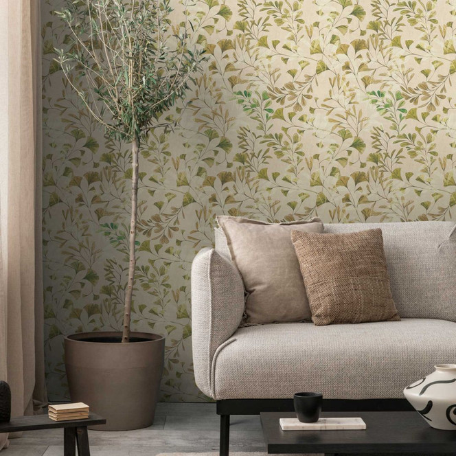 Blätter-Tapete Ginkgo Natur Creme – Vliestapete mit sanften Grüntönen – Modern & Elegant