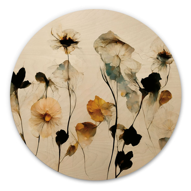Holzbild Filigrane Trockenblumen in Naturtönen - Treechild - Rund
