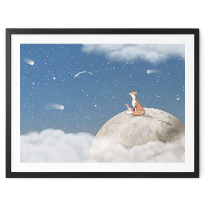 Poster Fuchs auf dem Mond mit Sternschnuppen - Oliver Robins
