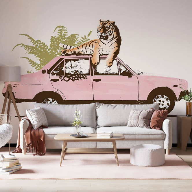 Fototapete Tiger auf rosa Auto - Bodart