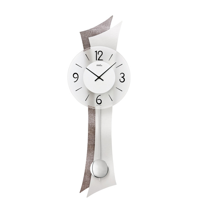 Pendelwanduhr Geschwungenes Holzgehäuse Aluminium/Design-Kunstleder-Applikation