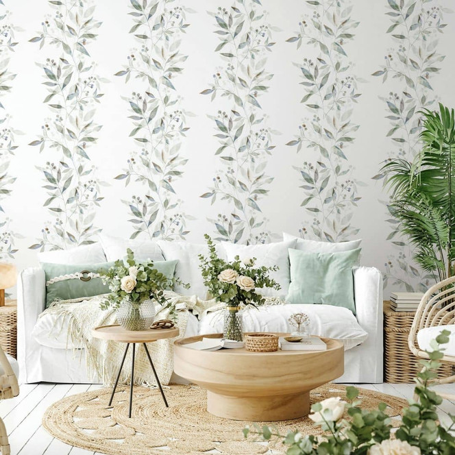 Vliestapete Blätter Floral Natur matt in Weiss Grün