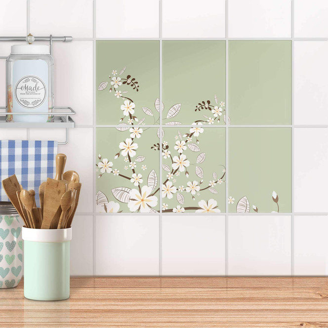 Fliesenaufkleber hoch - White Blossoms - 6er Set