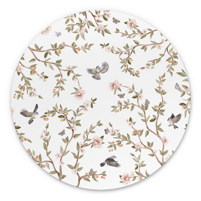 Wandbild Rosenstrauch mit Vögeln - Kikki Belle - Rund - Alu-Dibond