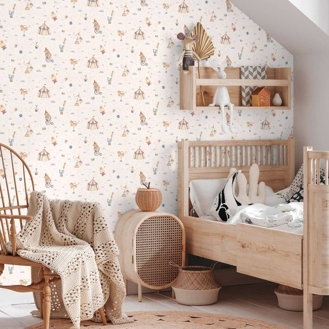 Zirkus-Tapete Hellbeige Bunt - Kinderzimmer Vliestapete mit Zirkustieren & Artistik