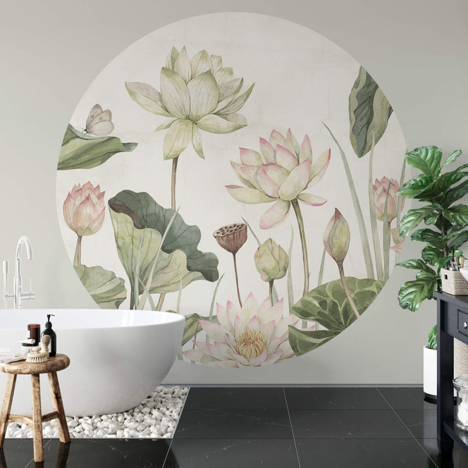 Fototapete Sir Edward - Seerosen Idyll in Pastell - Rund - Selbstklebend/Vlies