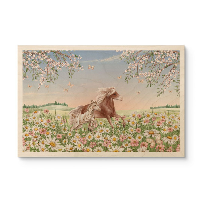 Holzbild Pferde auf der Blumenwiese - Kikki Belle