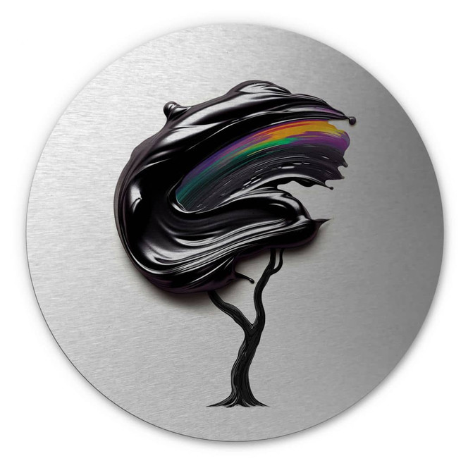 Wandbild mit Silbereffekt Baum mit schwarzer 3D-Krone - Mielu - Alu-Dibond Rund