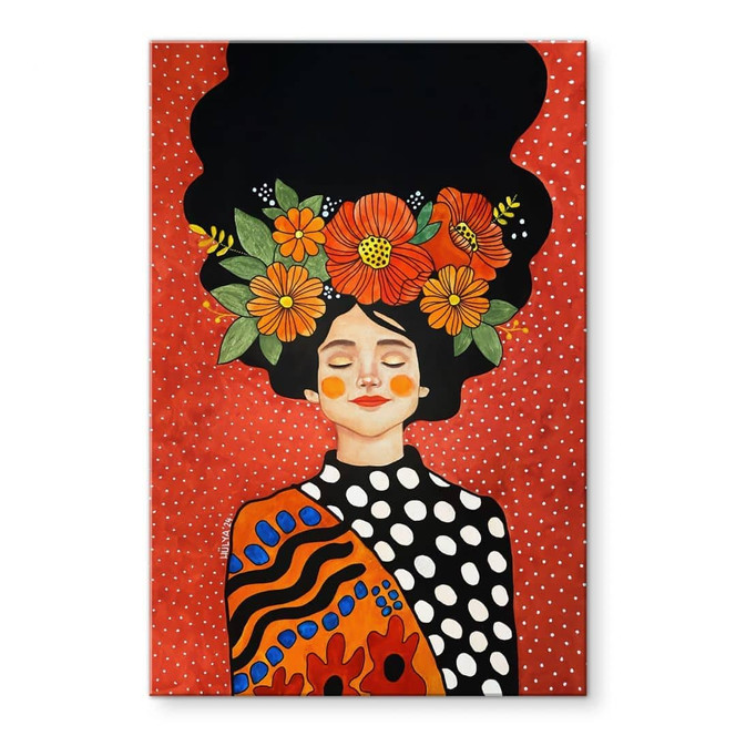 Acrylglasbild Lächelnde Frau mit orangen Blumen - Hülya