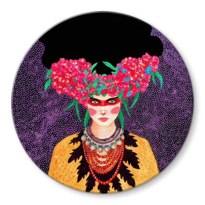 Glasbild Frau mit Blütenkranz und Stärke - Hülya - Rund
