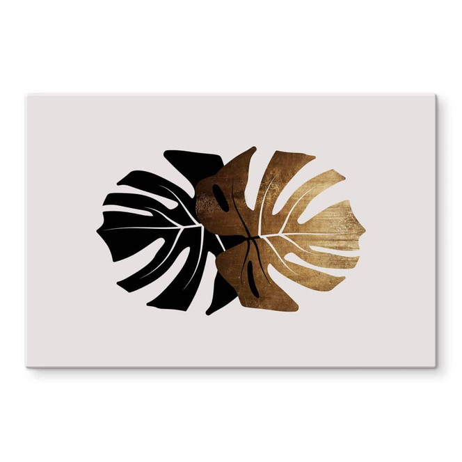 Glasbild Kubistika - Schwarz-goldene Monstera Blätter