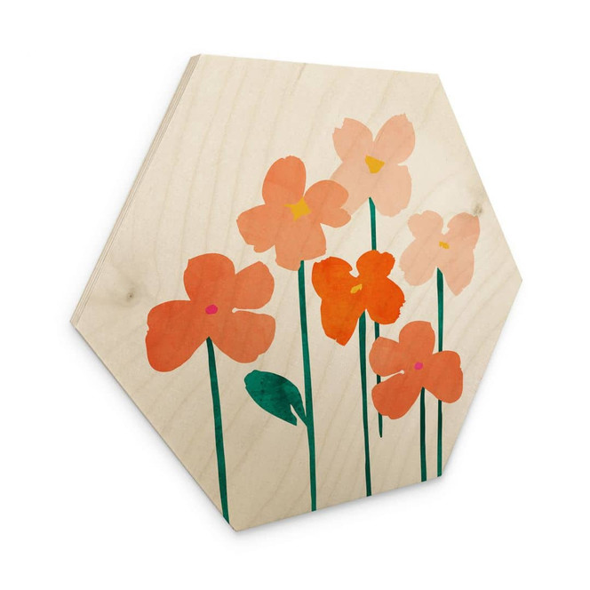 Hexagon Holzbild Kleine Blumen in Peach-Farben - Kubistika