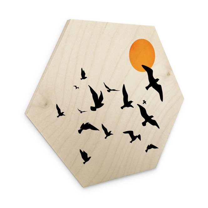 Hexagon Holzbild Zugvögel auf dem Weg in den Süden - Kubistika