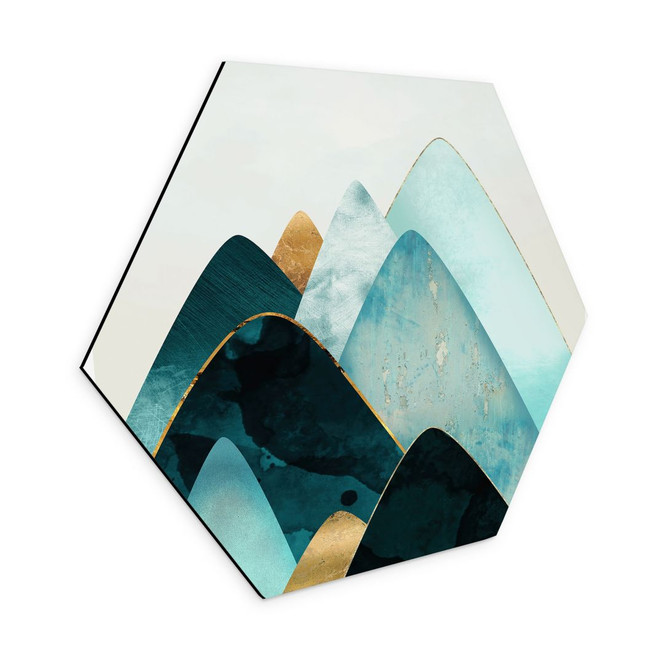 Hexagon Wandbild Abstrakte Berge in Gold und Blau - SpaceFrog Designs - Alu-Dibond