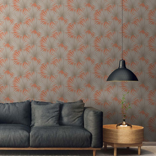 Vliestapete Palmen-Blätter Orange Beige - Dschungel Tapete Wohnzimmer