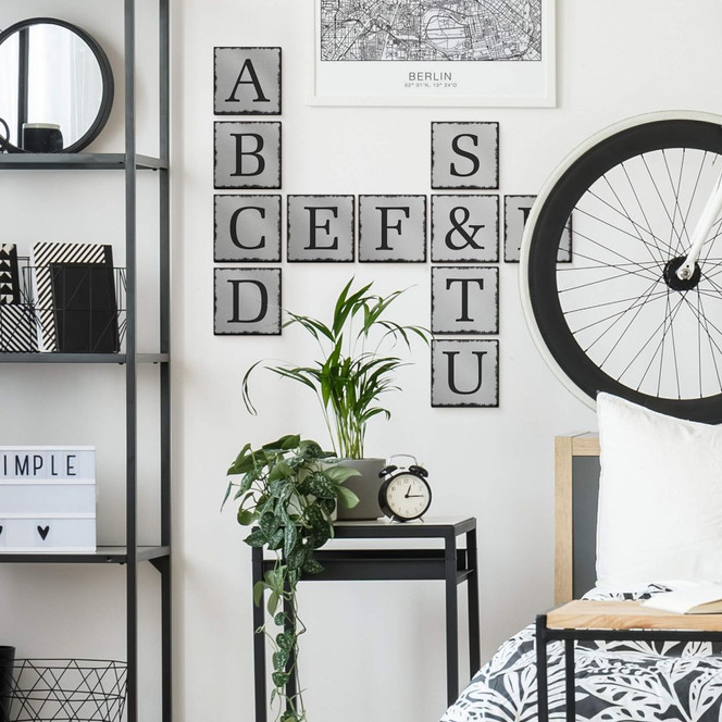 Alu-Dibond Silbereffekt - Buchstabensteine - Shabby