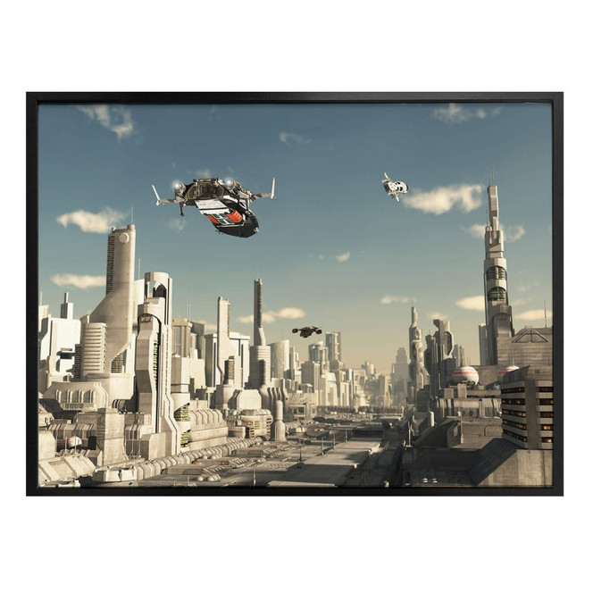Poster - 3D Landeanflug Sci-Fi Stadt