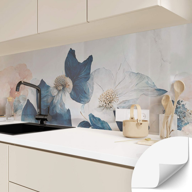 Selbstklebende Küchenrückwand Treechild - Blütenträume in Blau und Zartrosa