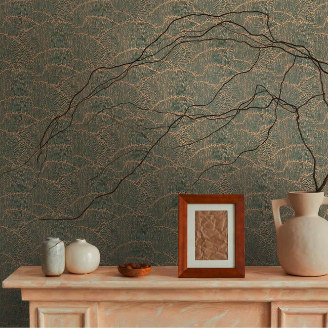 Tapete mit Grafik Wellenmuster Gold Grün - Vliestapete mit Metallic-Effekt