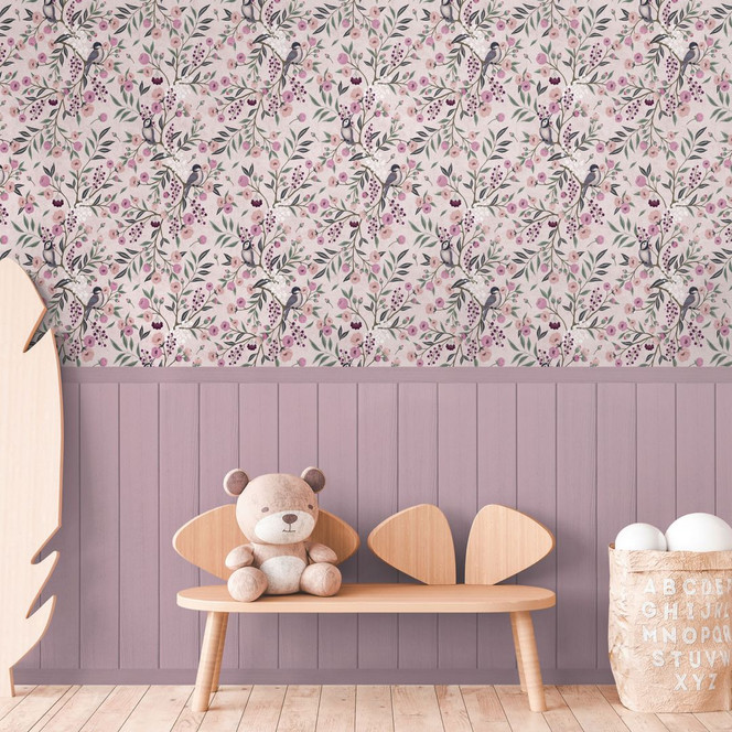 Fototapete Vögel & Zweige Rosa - florales Muster mit Holzpaneel - erweiterbare Vliestapete