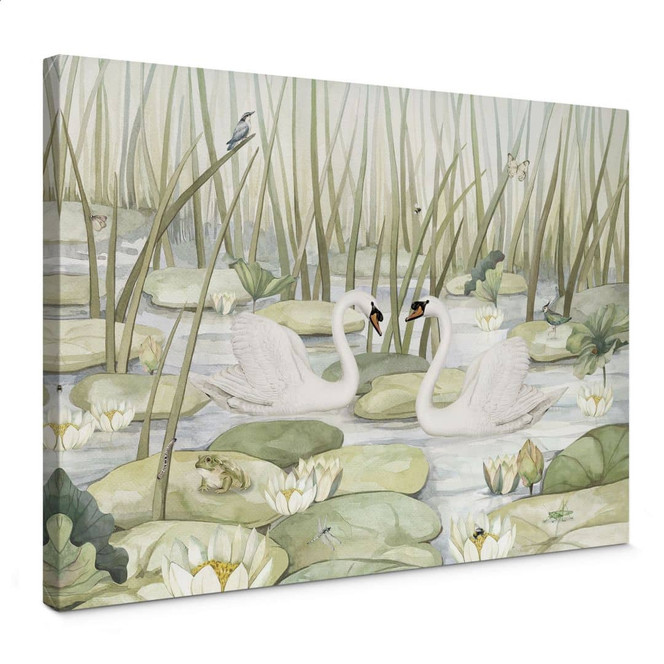 Leinwandbild Zwei Schwäne im Teich - Kikki Belle