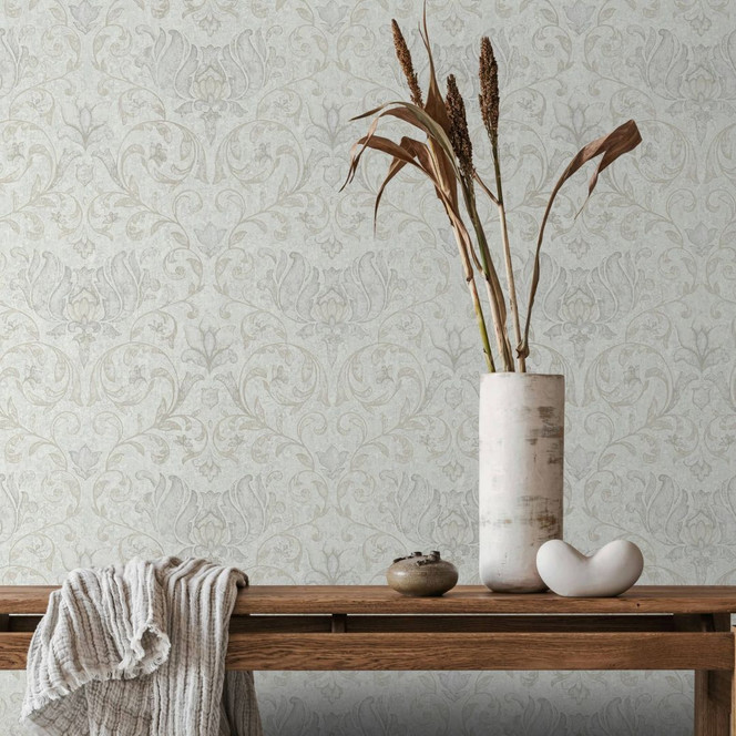 Vliestapete mit Blumen, Blätter ornamental glänzend weiss, grau Floral