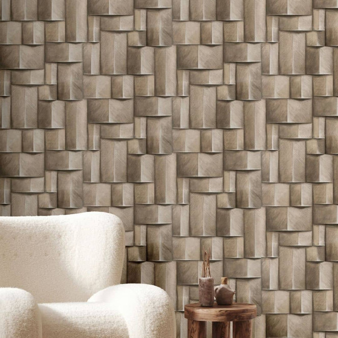 Vliestapete mit Holzmotiv geometrisch beige, braun 3D-Optik