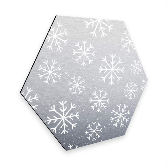 Hexagon - Alu-Dibond-Silbereffekt Schneeflocken Eiskristalle Weiss
