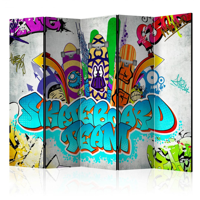 Paravent, Raumteiler freistehend, Trennwand - Skateboard-Mannschaft, 5-teilig - 225 x 172 cm