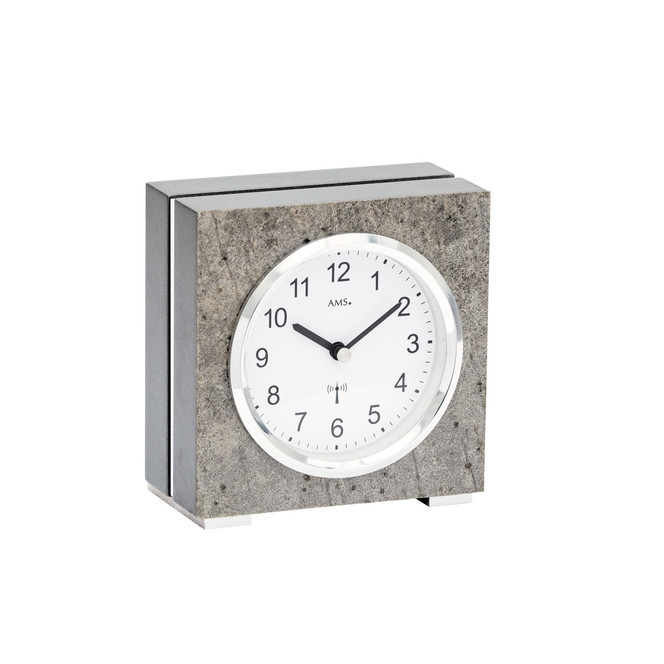 Tischuhr Funk Holzgehäuse, Aluminium, Stein-Auflage