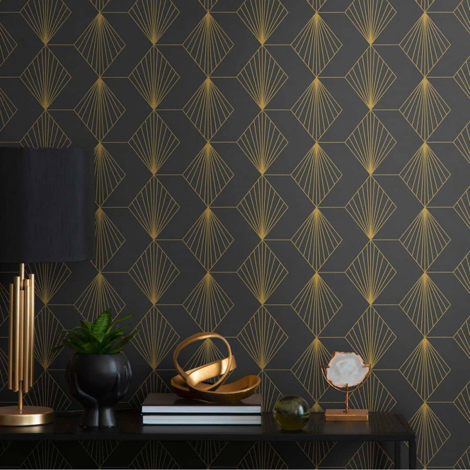 Geometrische Art Deco-Tapete Schwarz Gold - Mustertapete modern - Vliestapete