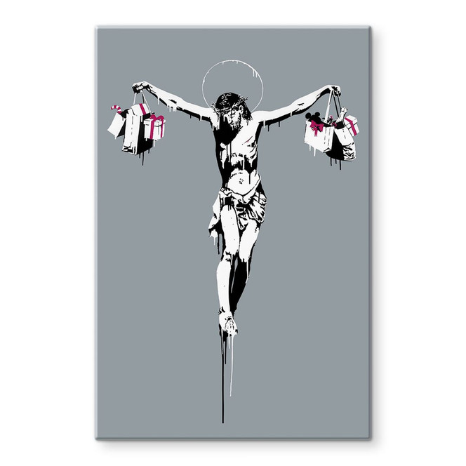 Glasbild Banksy - Jesus Christus mit Einkaufstüten