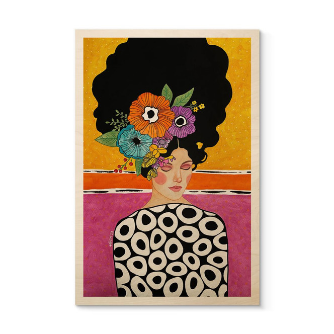 Holzbild Frau mit bunter Blumenkrone - Hülya