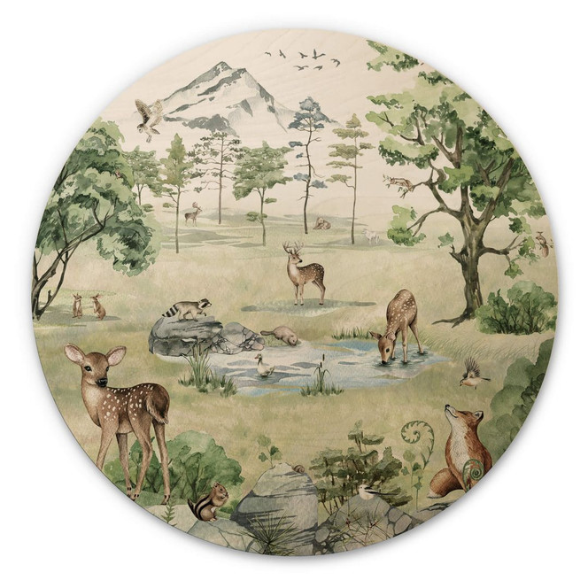 Holzbild Kikki Belle - Wald der Rehe - Rund