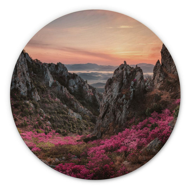 Holzbild Seo - Felsige Landschaft im Sonnenuntergang - Rund