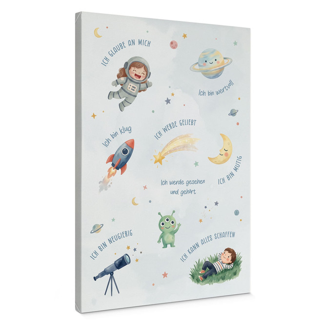 Leinwandbild - Affirmationen Weltraum mit Astronautin und Alien