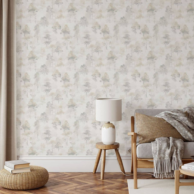 Vlies Tapete Aquarell Wald in Grau Beige mit Bäumen als dezente Naturtapete