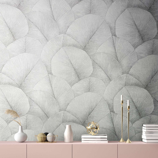 Vliestapete mit grossem Blattmotiv grau Floral