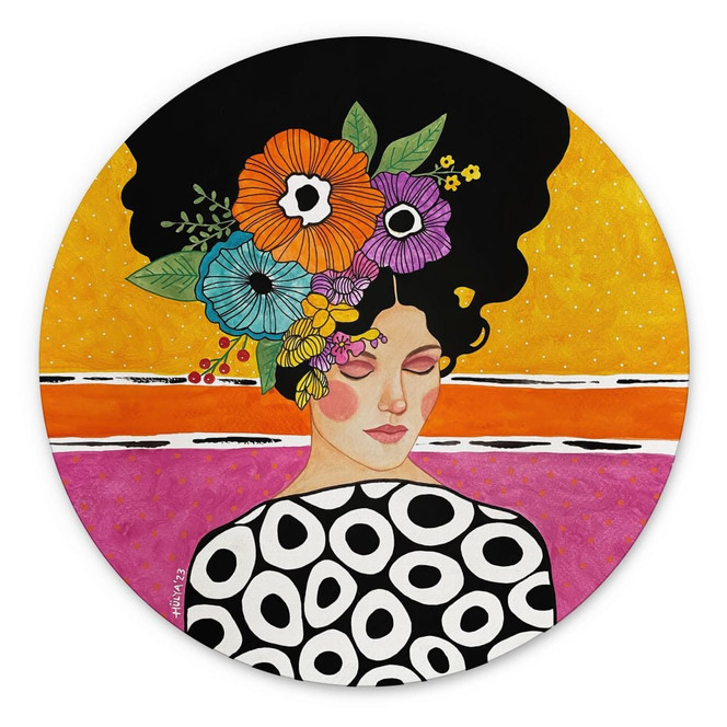 Wandbild Frau mit bunter Blumenkrone - Hülya - Alu-Dibond Rund