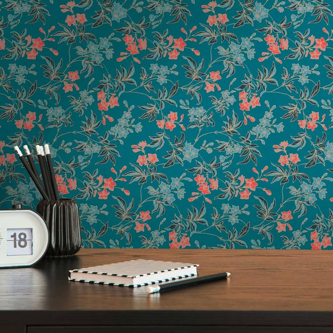 Blümchen-Tapete mit Blüten Rot Blau - Blumen-Mustertapete modern - Vliestapete floral