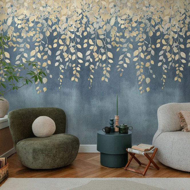 COSMOPOLITAN Fototapete Blätter Blau Gelb - Vliestapete mit Farbverlauf Modern